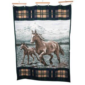 Biederlack Horse Foal Throw Blanket VTG Plaid Border Green Blue Running USA